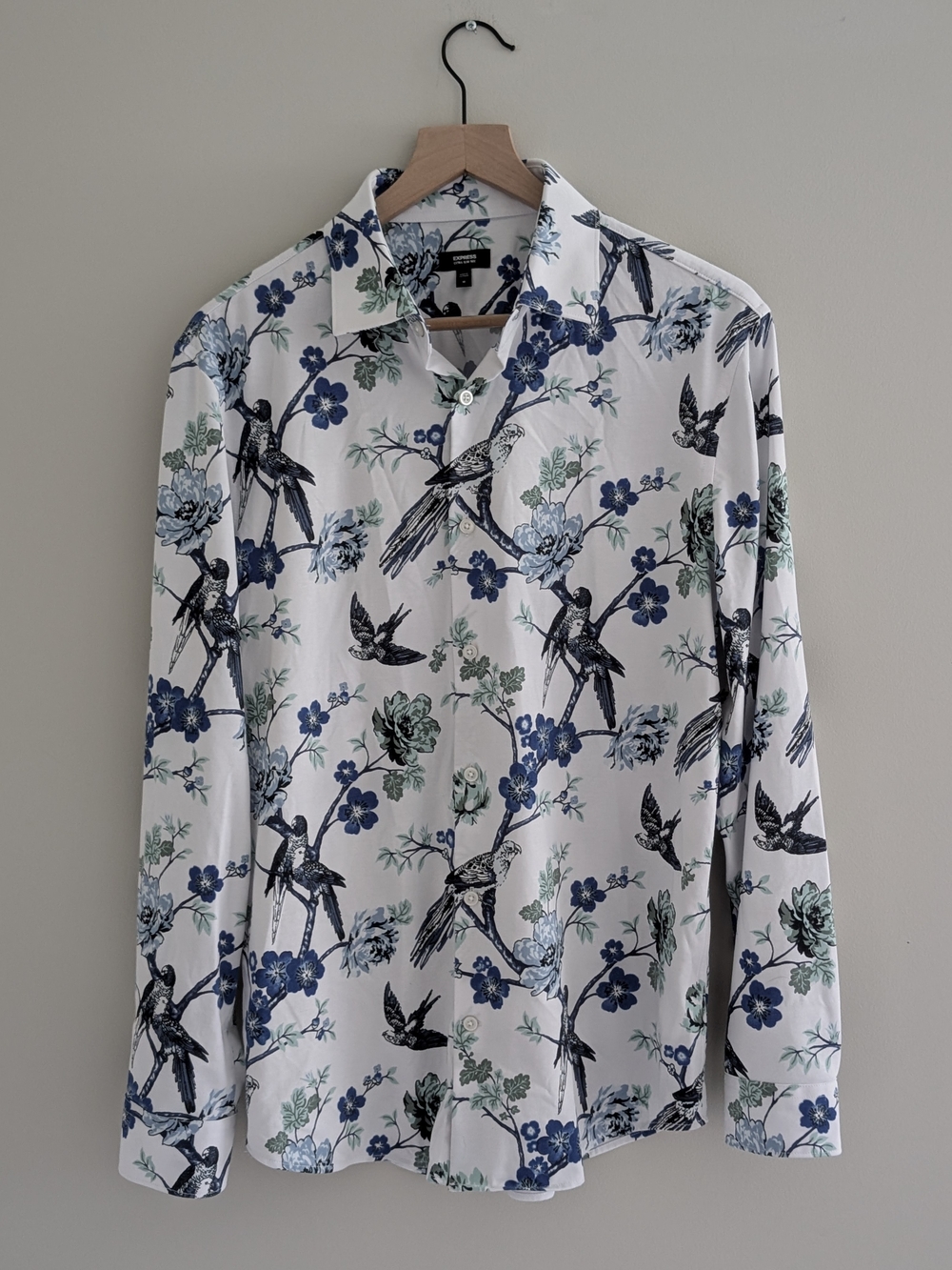 Express White Button-Up Shirt with Blue & Green Floral Bird Print Extra Slim